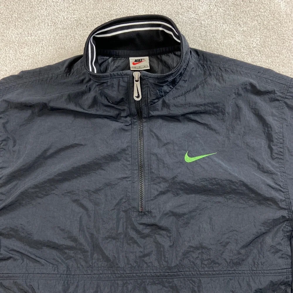 Vintage 90's Nike Windbreaker Pullover Men M Black Green Half Zip Spell Out